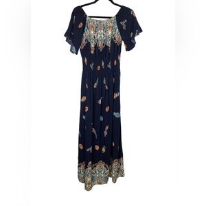 Anthropologie Kindred Navy Floral Paisley Maxi Dress 2X Spring Festival Beach